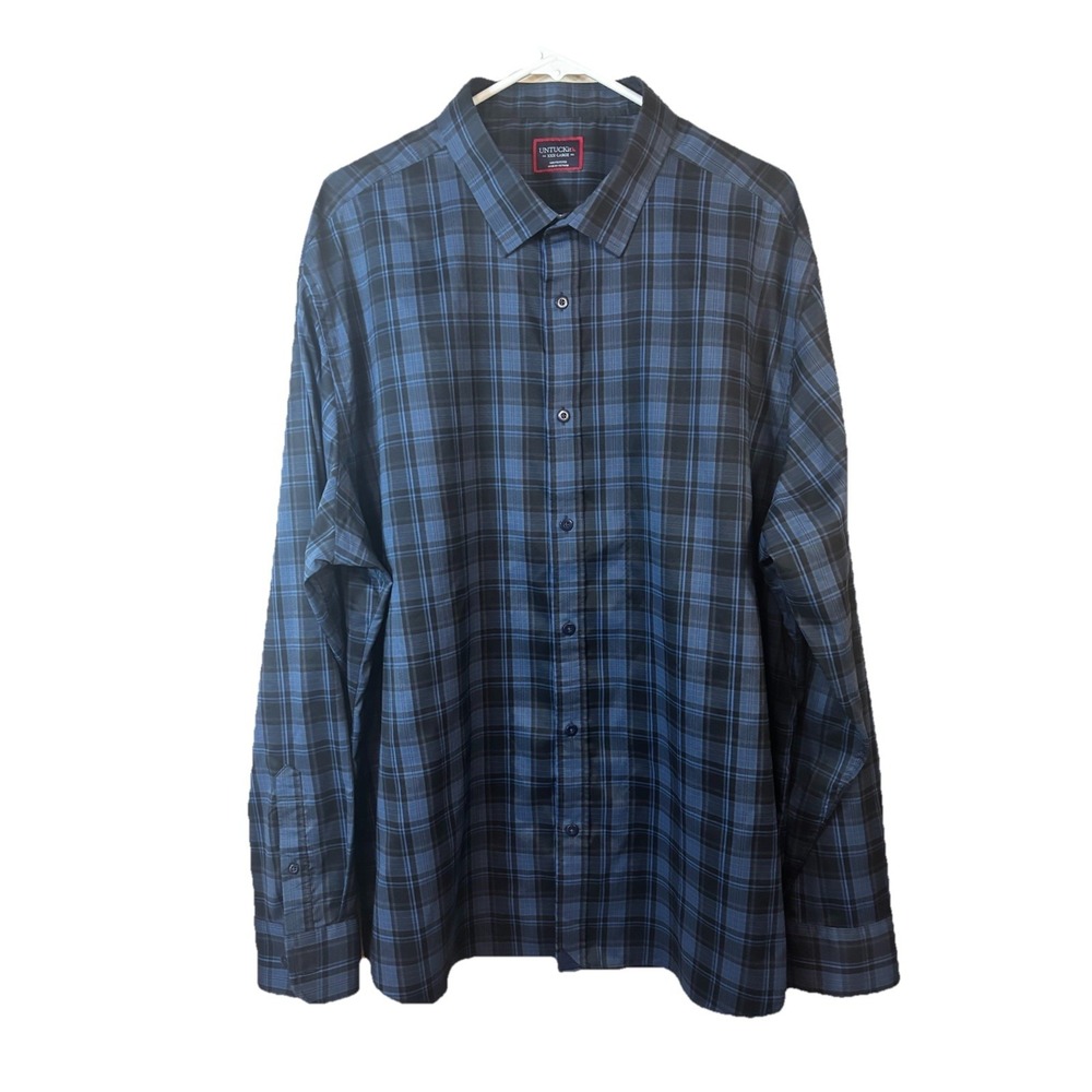 Untuckit Bacaro Blue Plaid Polyester Long Sleeve Shirt Men's 3XL